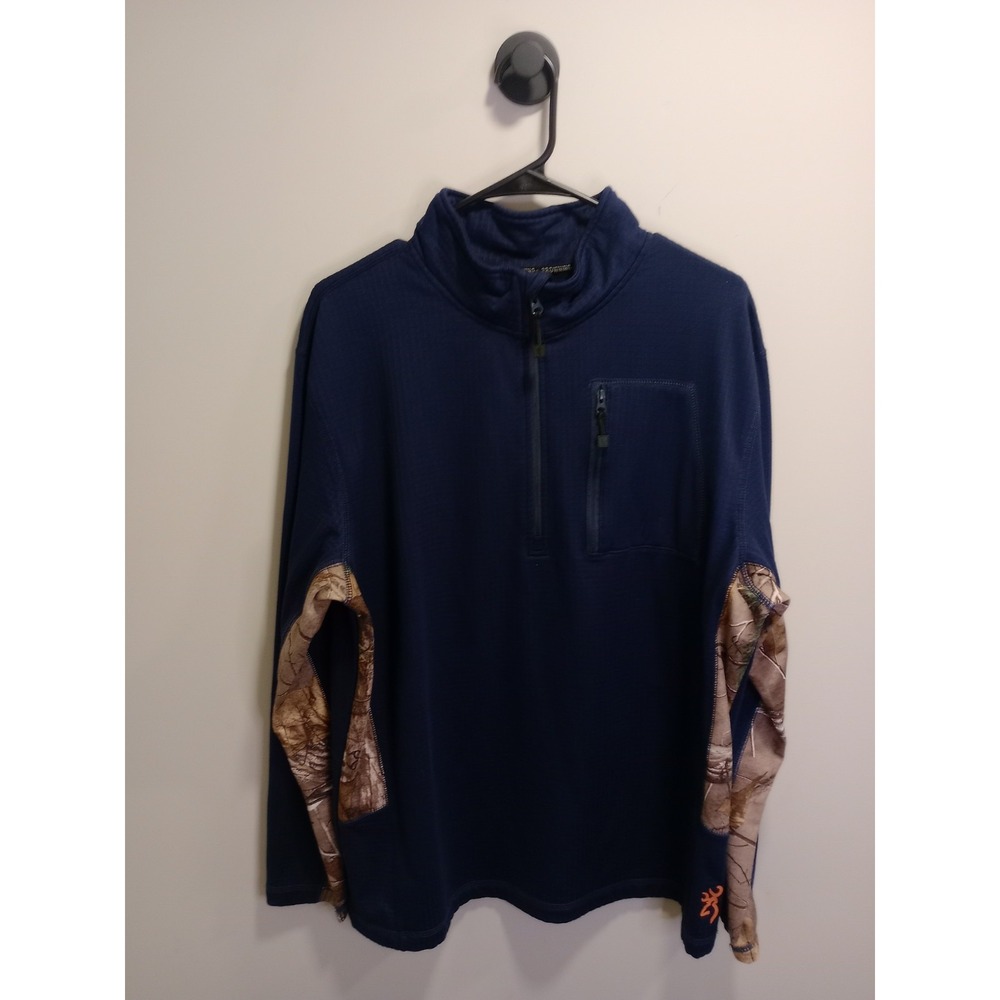 Browning Realtree Xtra Camo 1/4 Zip Pullover Mens L Hunting Shirt Navy Blue
